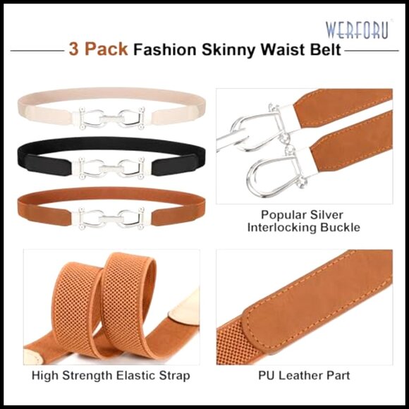 Skinny Elastic Waist Belt Gold Buckle Stretchy Thin Belt for Jeans Dress main image 5
